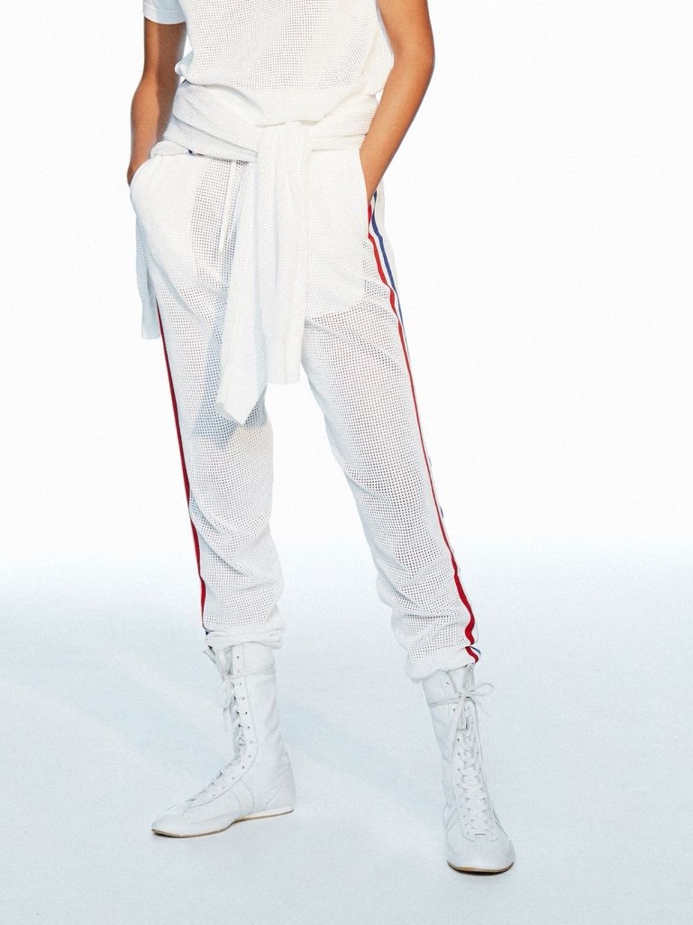 Adam Selman Sport White Mesh Hi-Risen Jogger Track Pants Red Blue Stripe Small